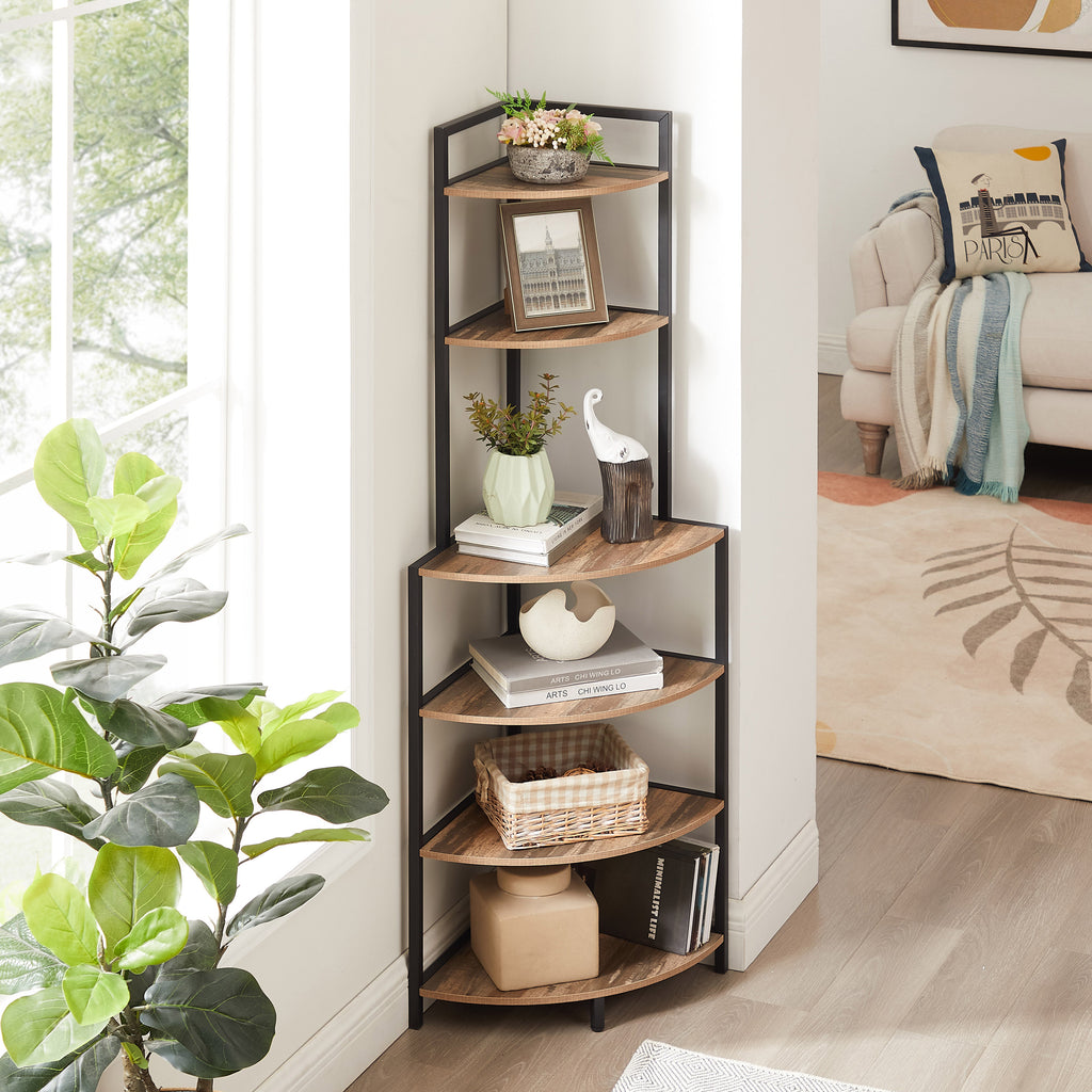 6-story corner open bookshelf modern bookshelf wooden frame independent bookshelf unit, country brown
