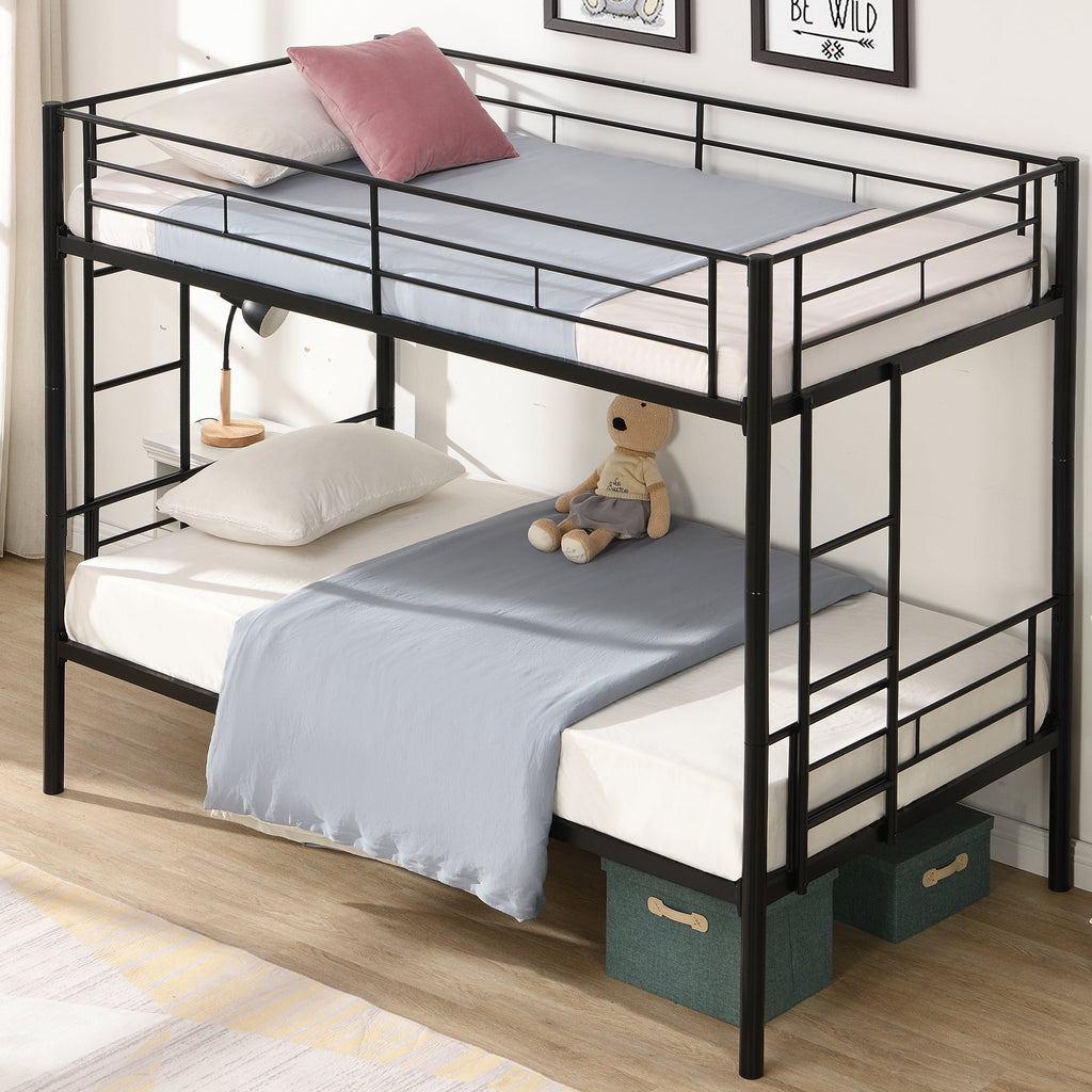 Double decker bed, size above twin bed, with 2 ladders and full-length guardrail, metal, storage space, black