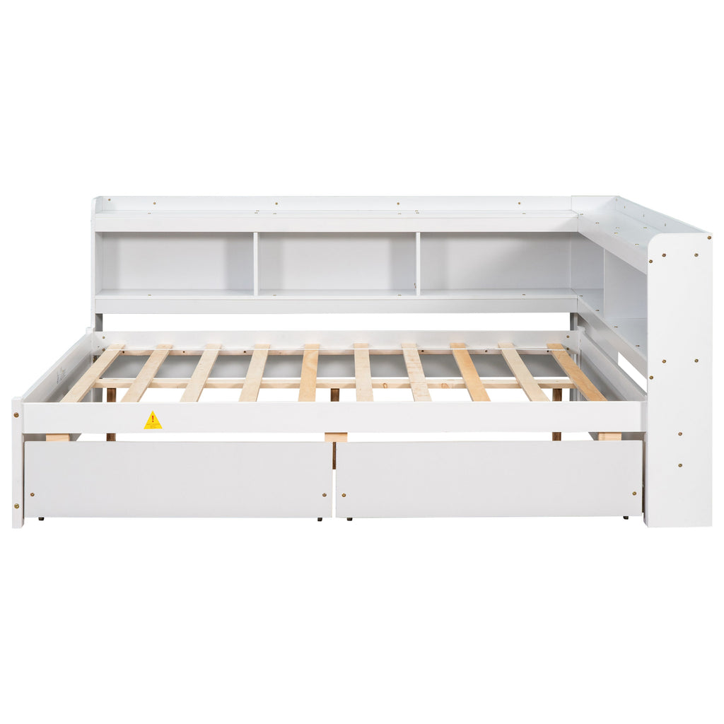 Full Bed with L-shaped Bookcases, Drawers ,White