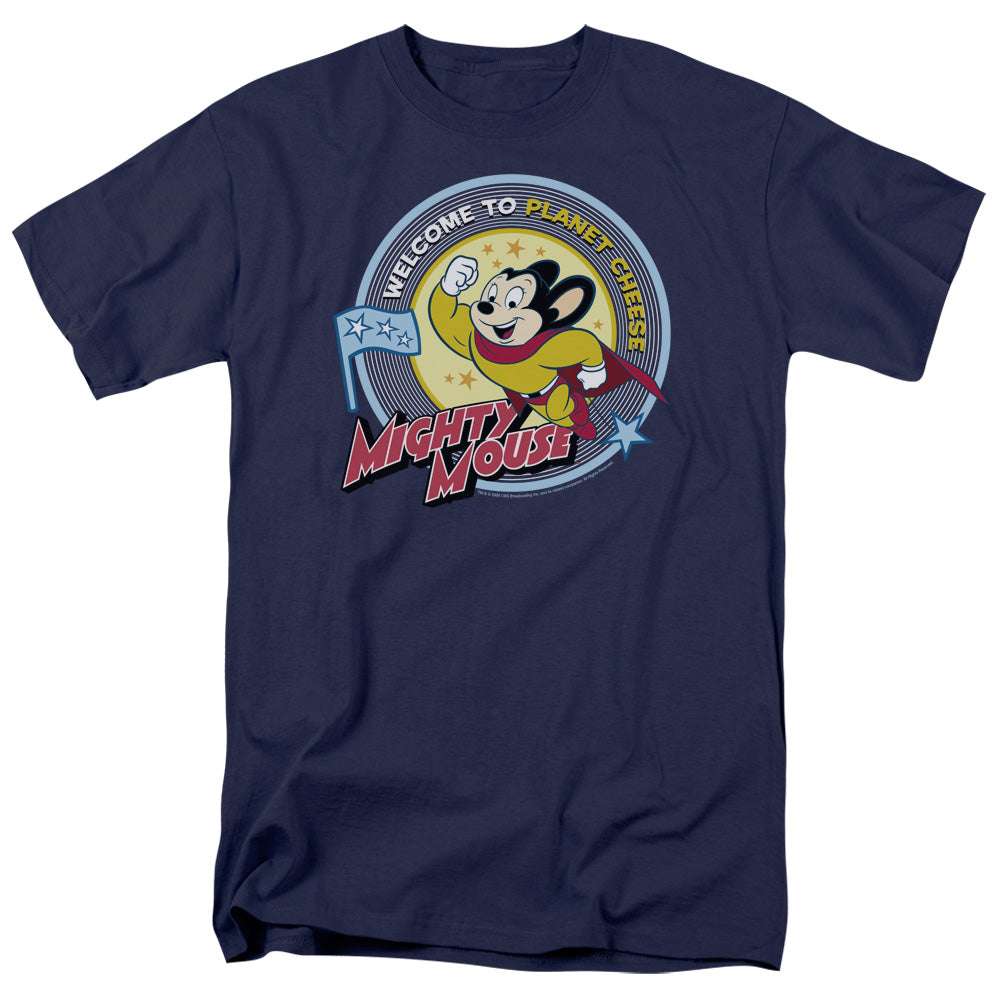 Mighty Mouse Planet Cheese Mens T Shirt Navy Blue Officially Licensed