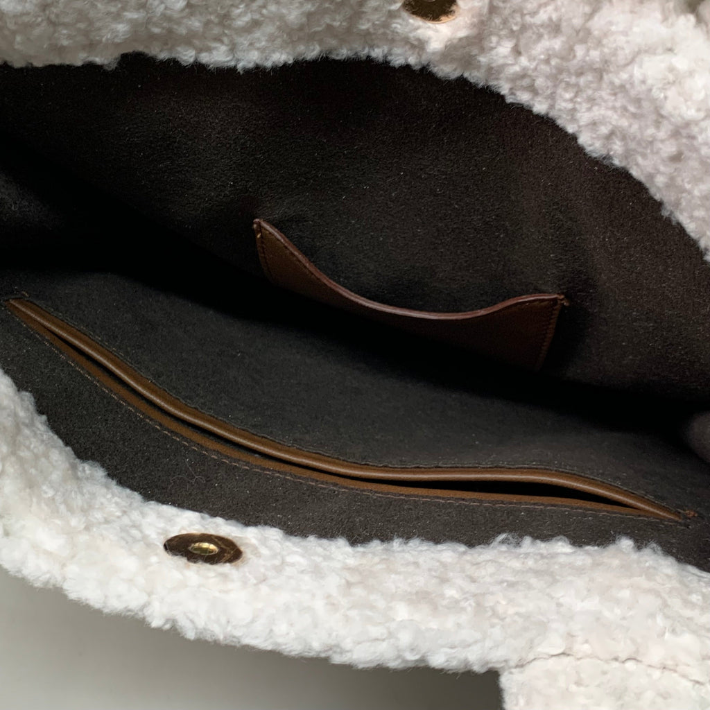 MITCHIES Leather Tote Bag Shearling Trim Button Close & Pockets Brown PRMK07