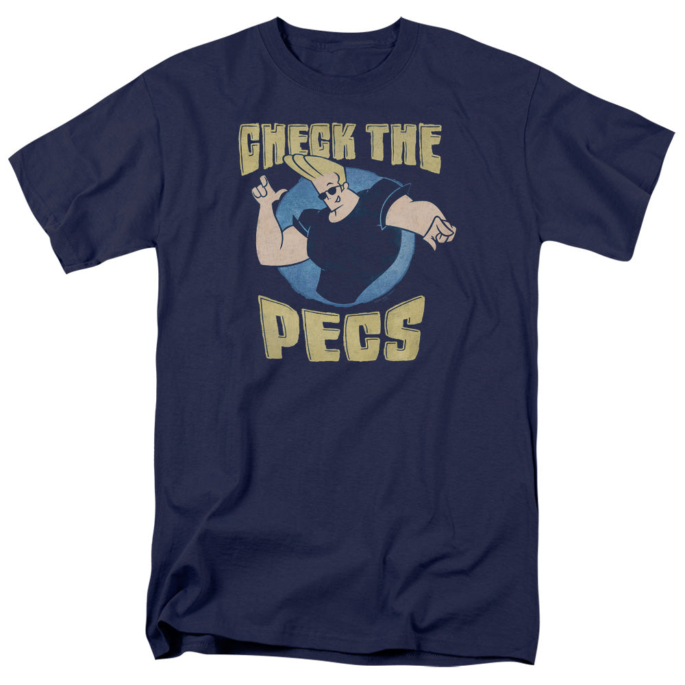 Johnny Bravo Check the Pects Mens T Shirt Navy Blue Officially Licensed