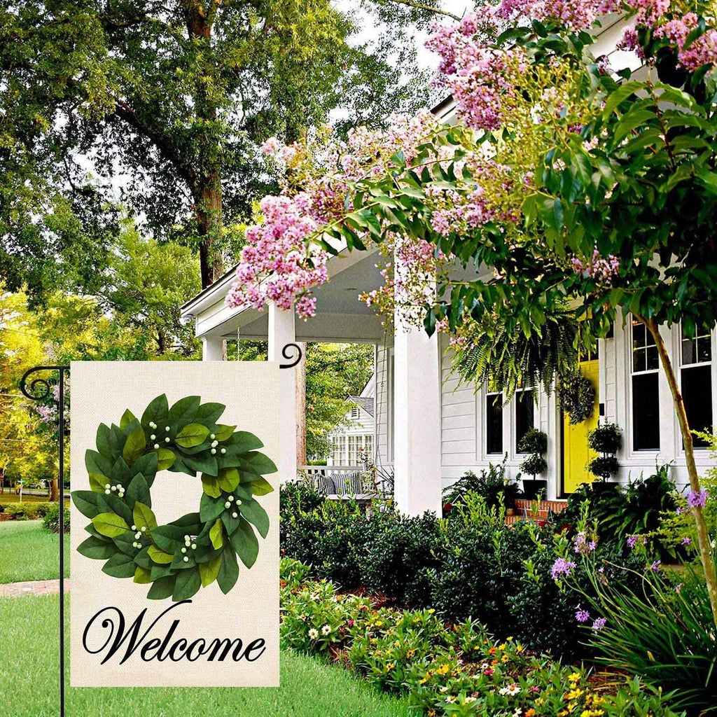 Spring Summer Welcome Wreath Garden Flag Magnolia Leaves Small Yard Flag Vertical Double Sided Burlap Farmhouse Seasonal
