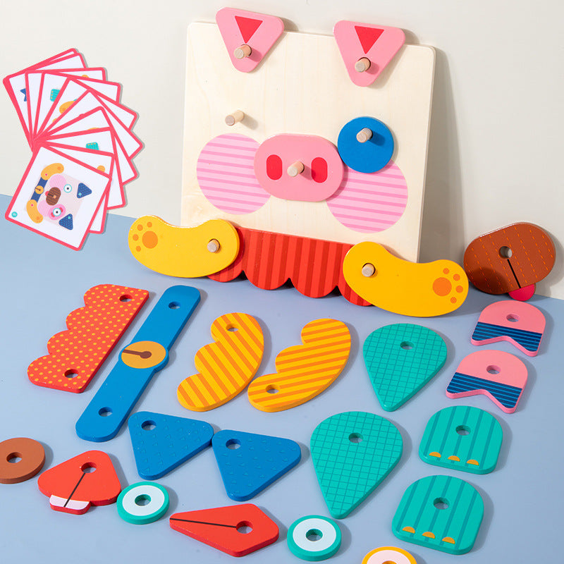 Wooden Creative Animal Puzzle Building Blocks Fun Face Changing 3D Puzzle Fun Kindergarten Puzzle Toy