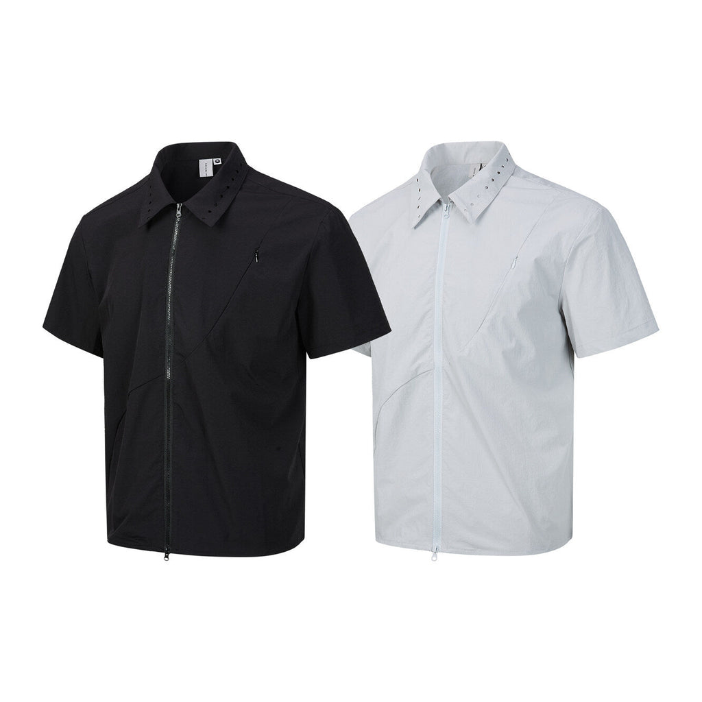 Zipper short sleeved shirt men's loose solid color shirt