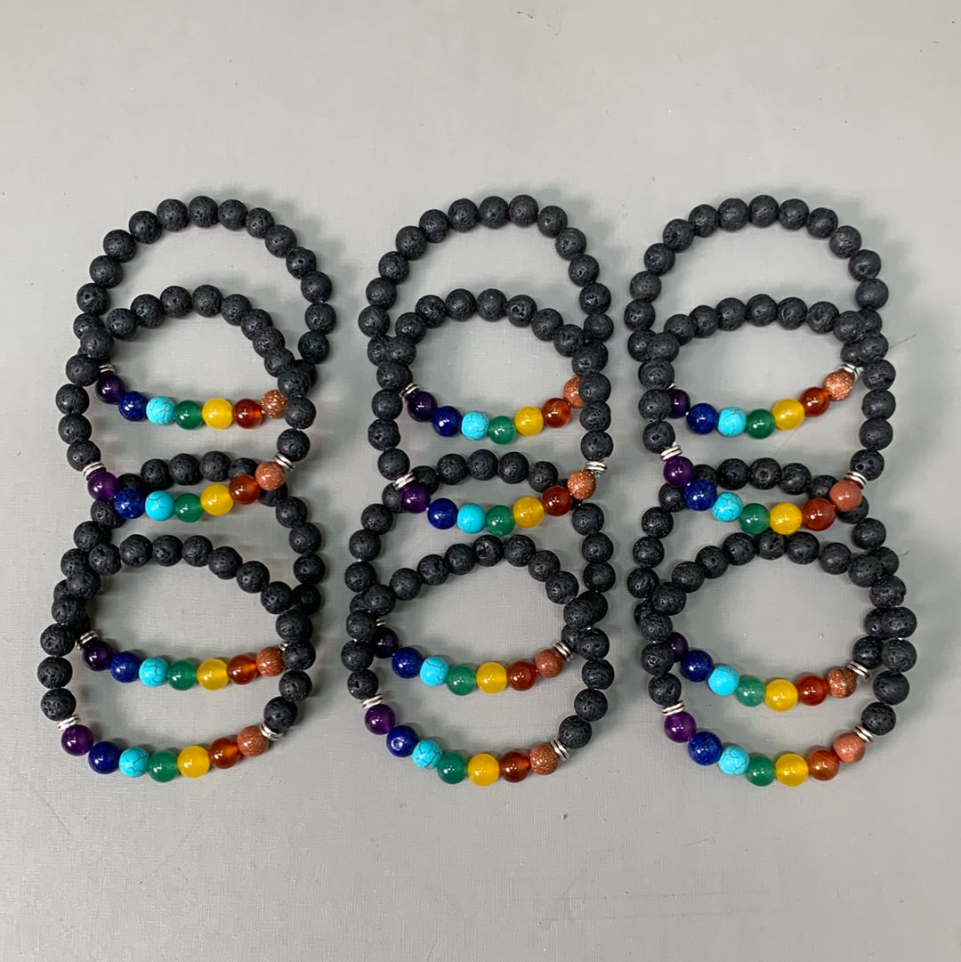BEST WHOLESALE (12 PACK) Beaded Matte Black-Rainbow Crystal Bracelets 3" New