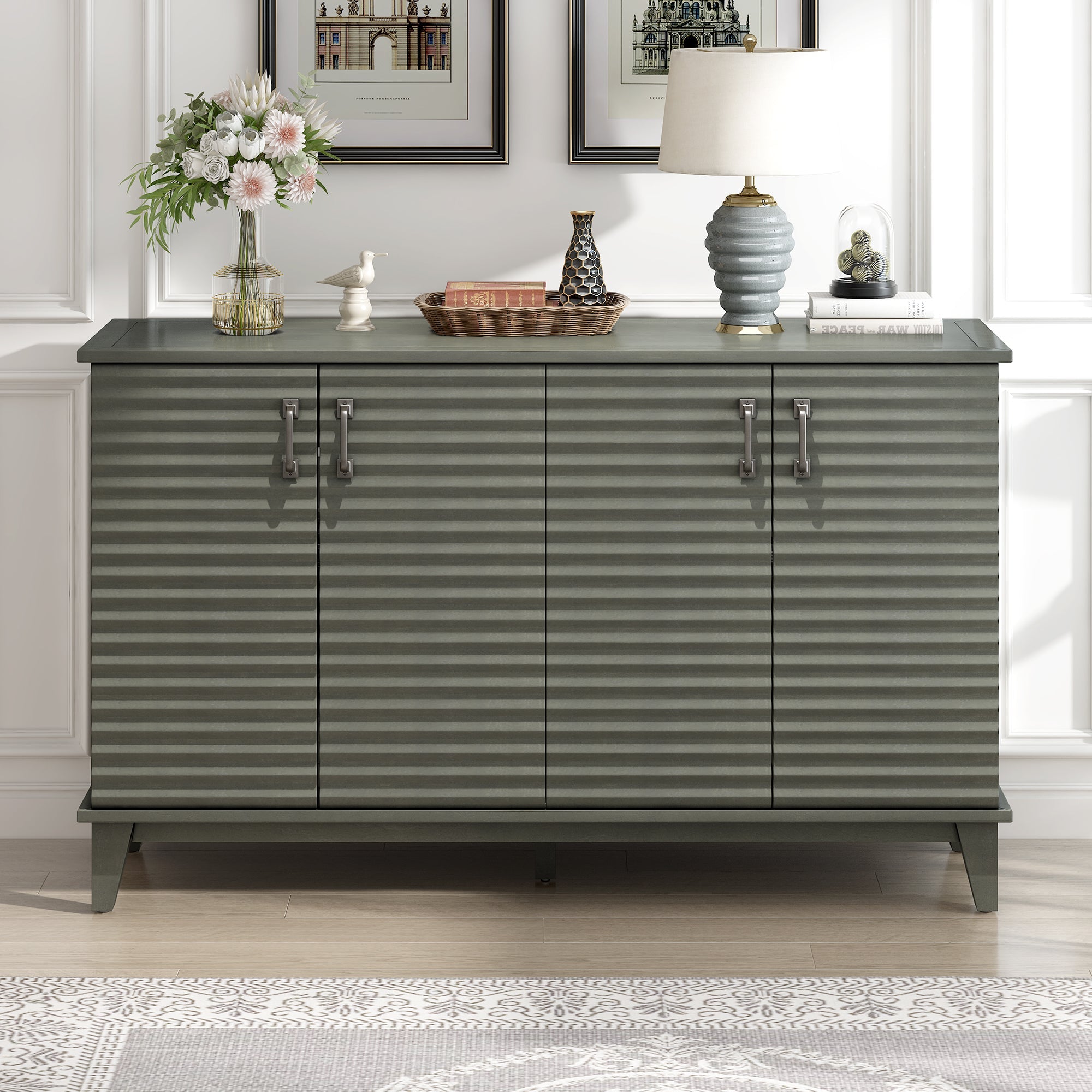 TREXM side panel with 4-door large storage buffet, adjustable shelves and metal handles (antique gray)