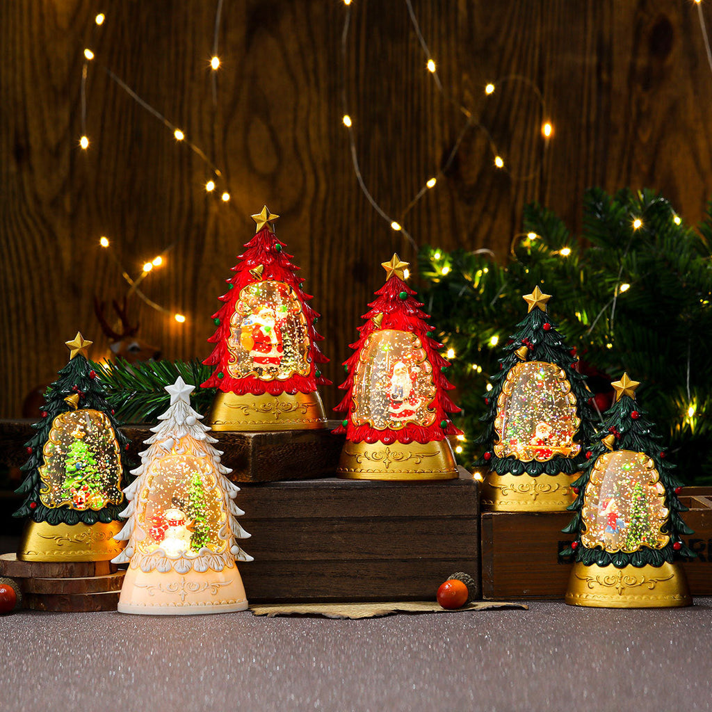 Christmas gifts, painted Christmas trees, glowing candles, oil lamps, children's small gifts, wind lamps, bar table decorations, ornaments