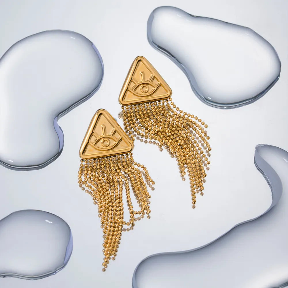Triangular relief devil's eye design with tassel titanium steel earrings