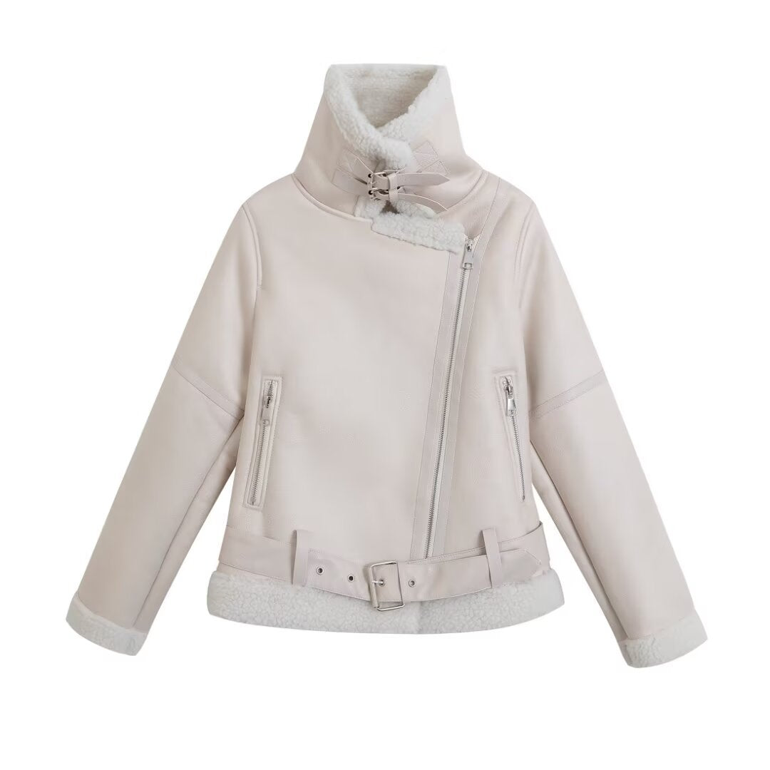 Fashionable and versatile zipper belt with loose casual long sleeved cotton jacket