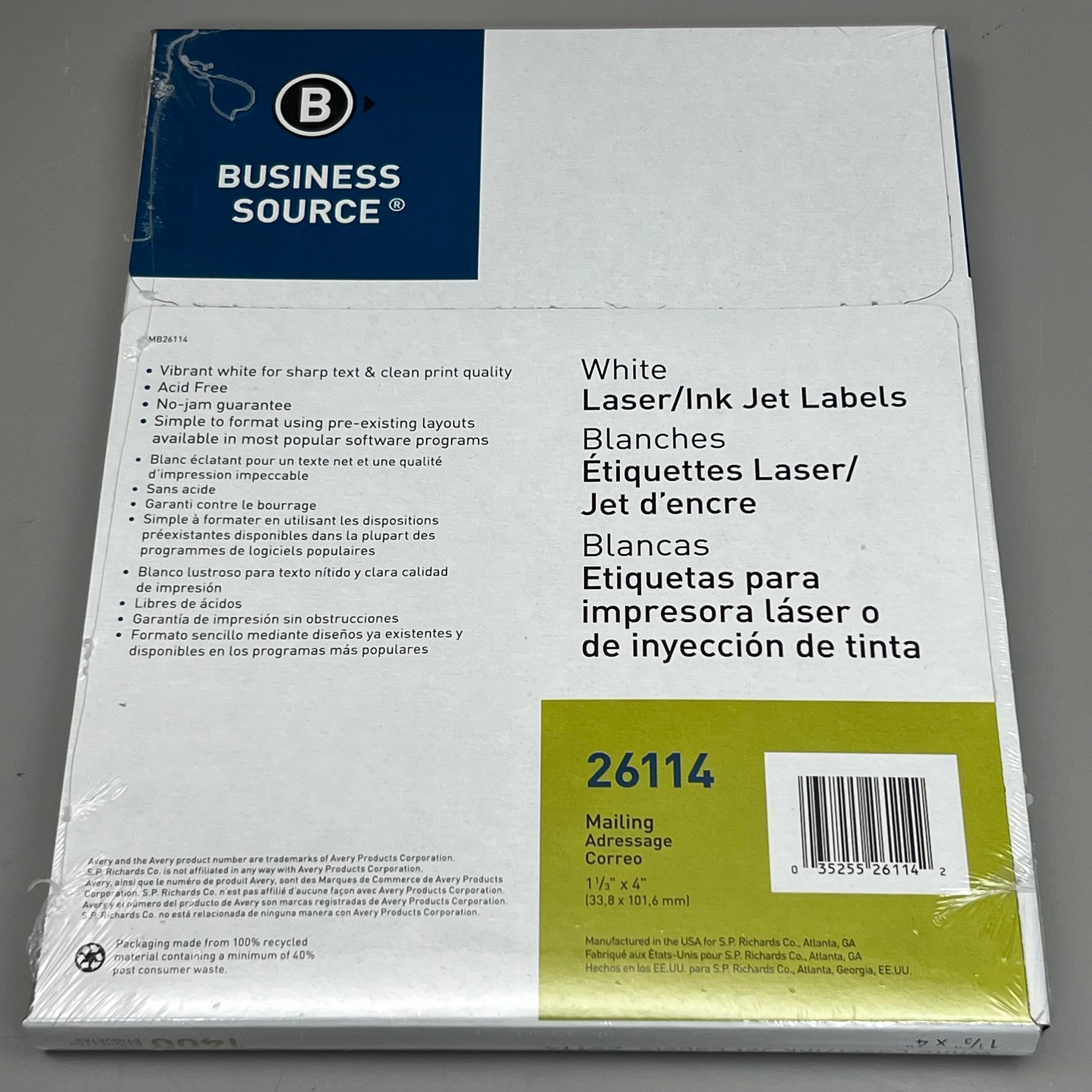 BUSINESS SOURCE (1400 Labels) Laser Ink Jet Mailing Labels 1-1/3"x 4 White 26114