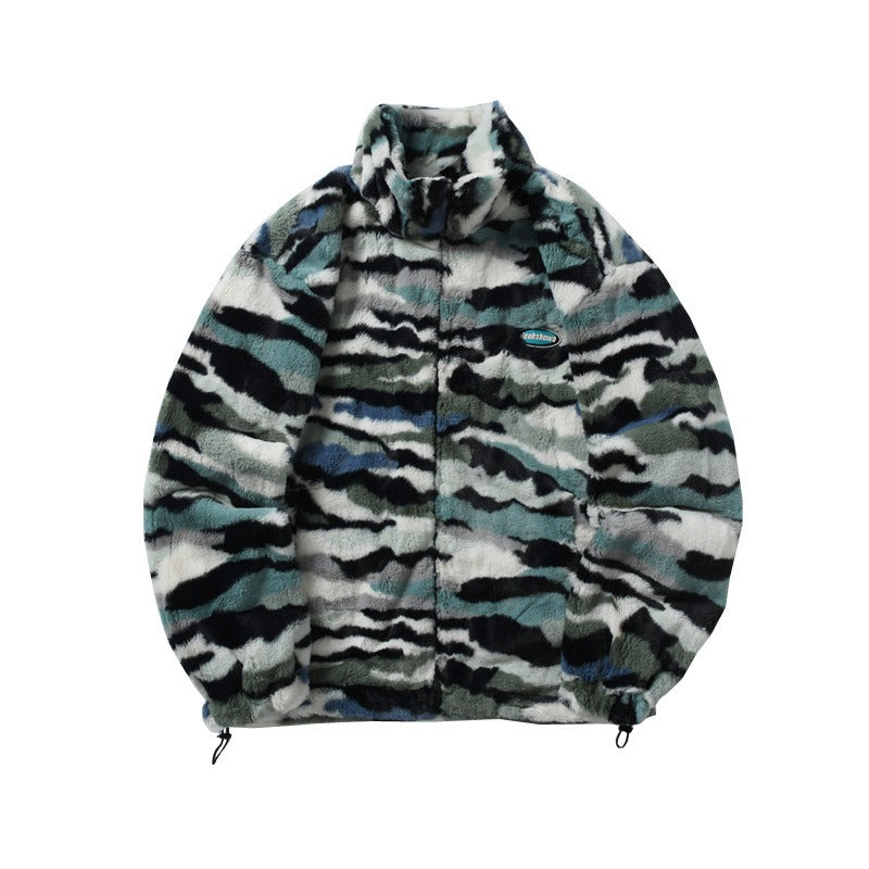 Autumn and winter retro camouflage imitation rabbit plush jacket for men and women loose casual versatile warm cotton jacket