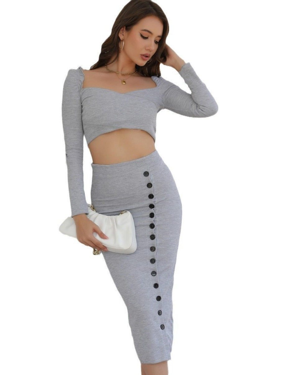 Sexy Knitted Dress Set - Long Sleeve Crop Top + Bodycon Slit Skirt