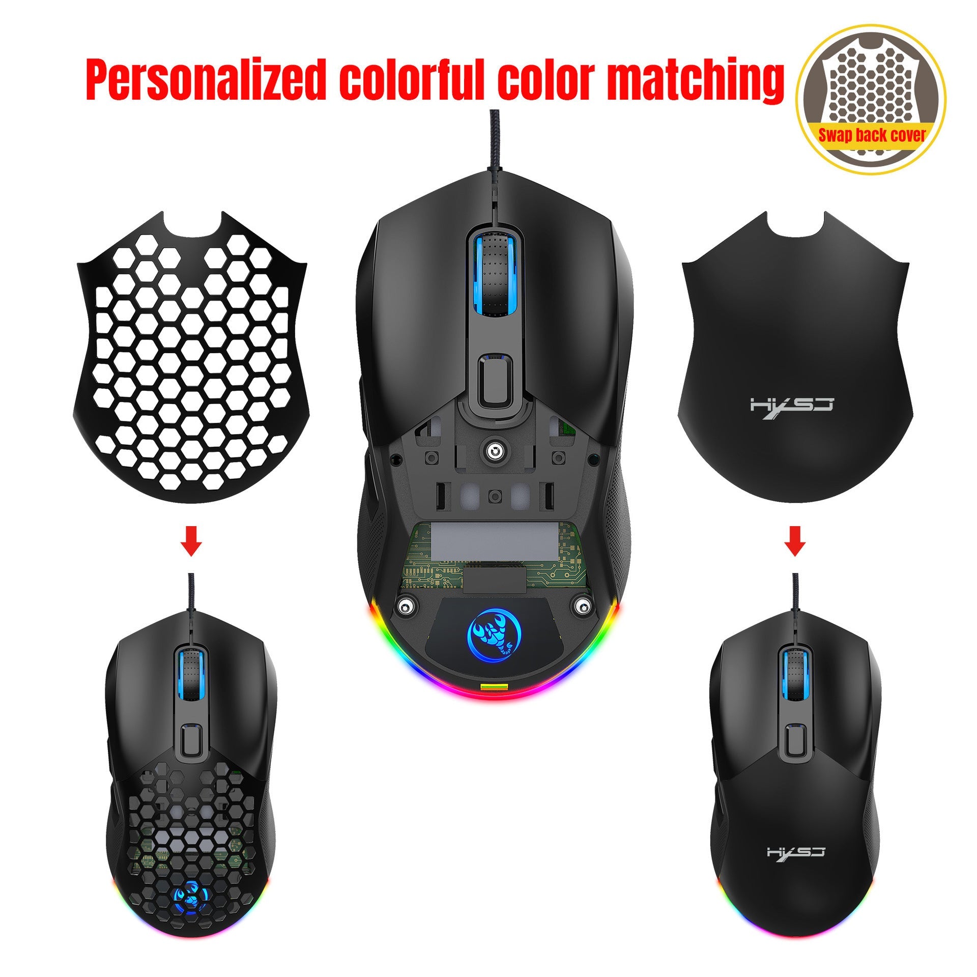 Wired mouse RGB backlight 7200dpi hole gaming mouse interchangeable back cover lightweight