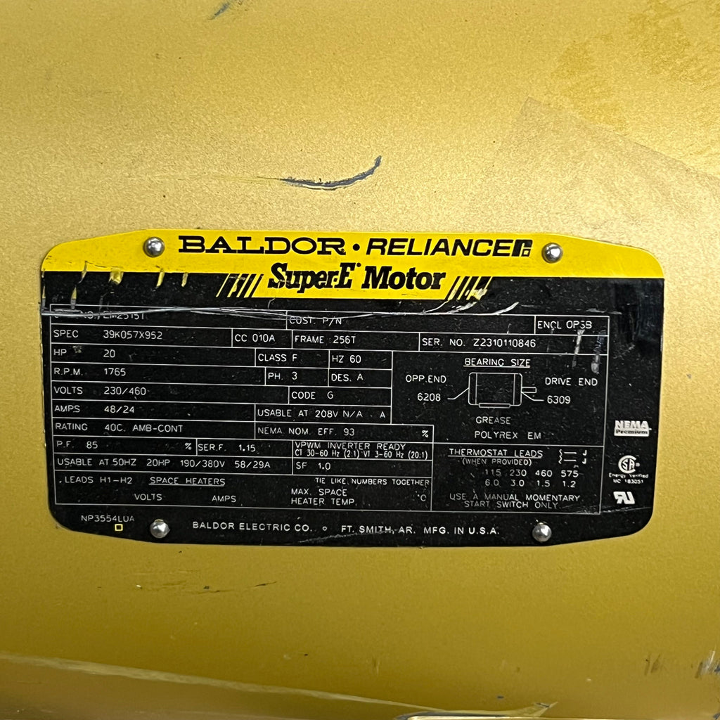 BALDOR RELIANCER Super E Motor HP 20 RPM 1765 V230/460 3 Phase (Damaged)