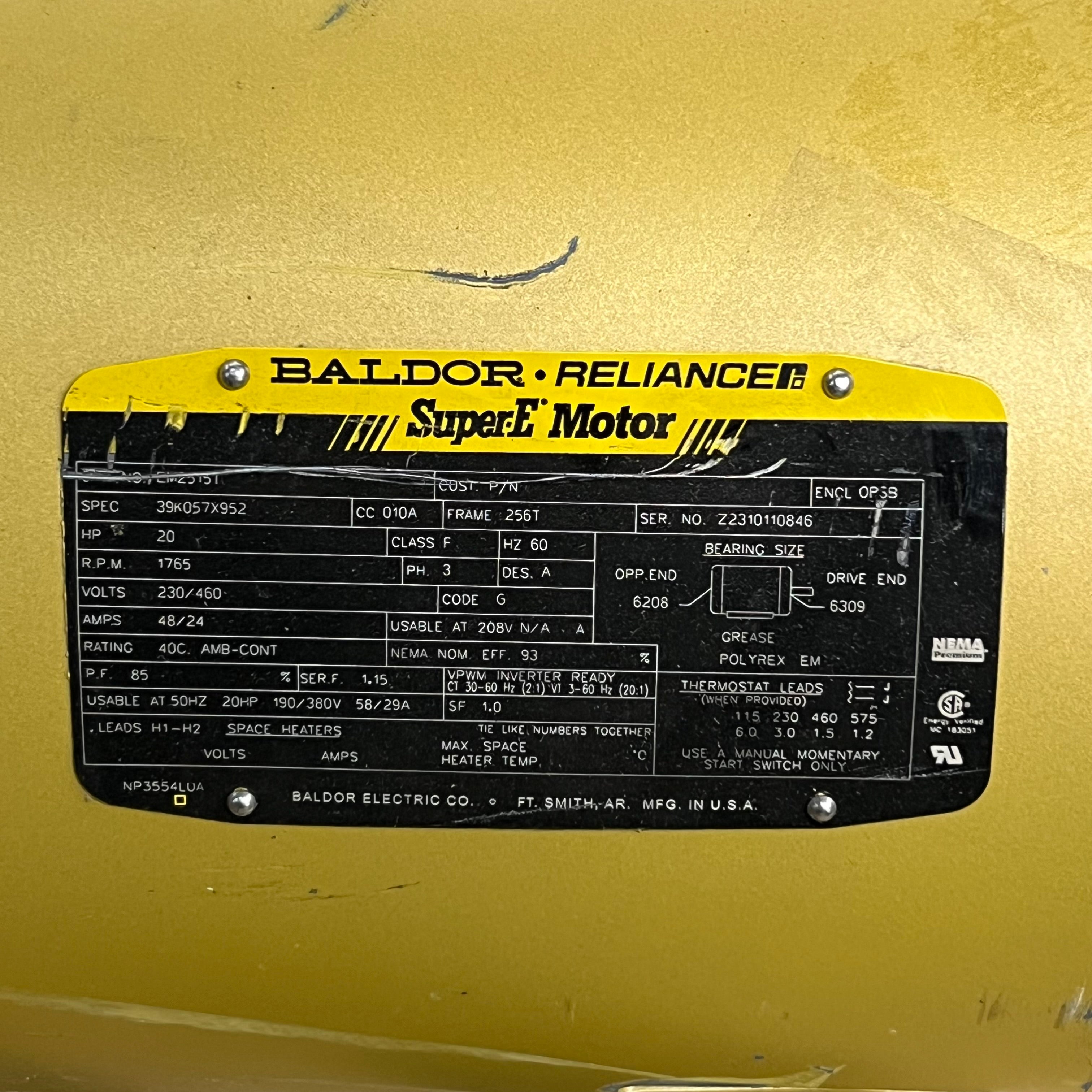 BALDOR RELIANCER Super E Motor HP 20 RPM 1765 V230/460 3 Phase (Damaged)