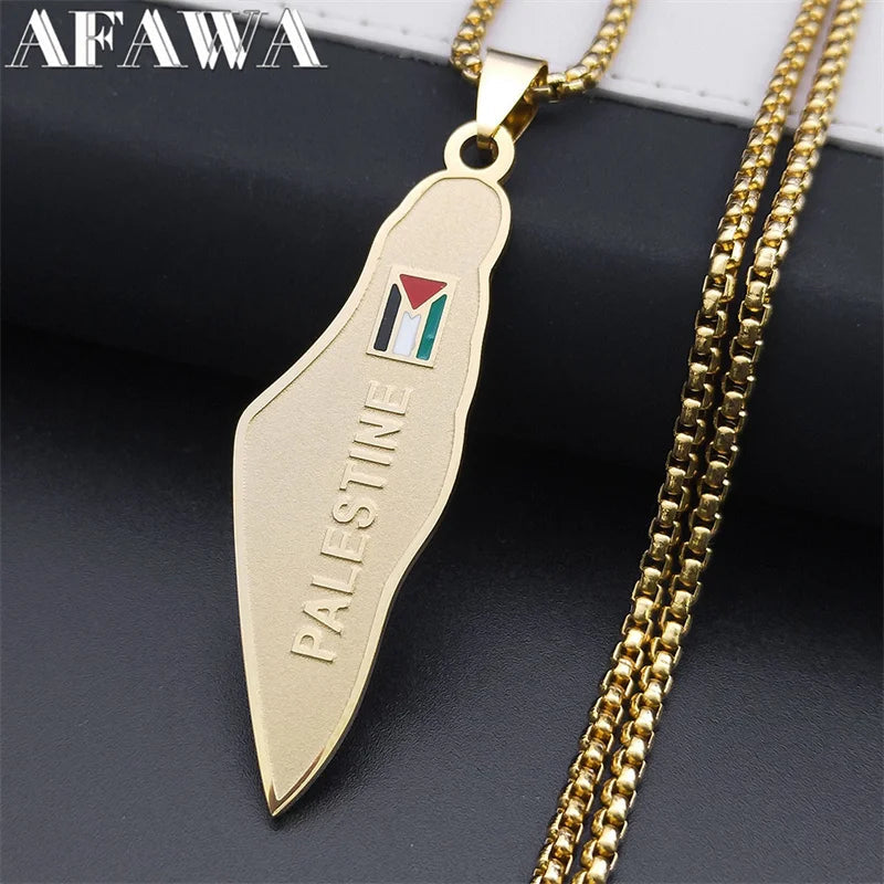Palestine Map National Flag Necklace for Women Men Stainless Steel Gold Color Country Geography Chain Jewish Jewelry N7600S02