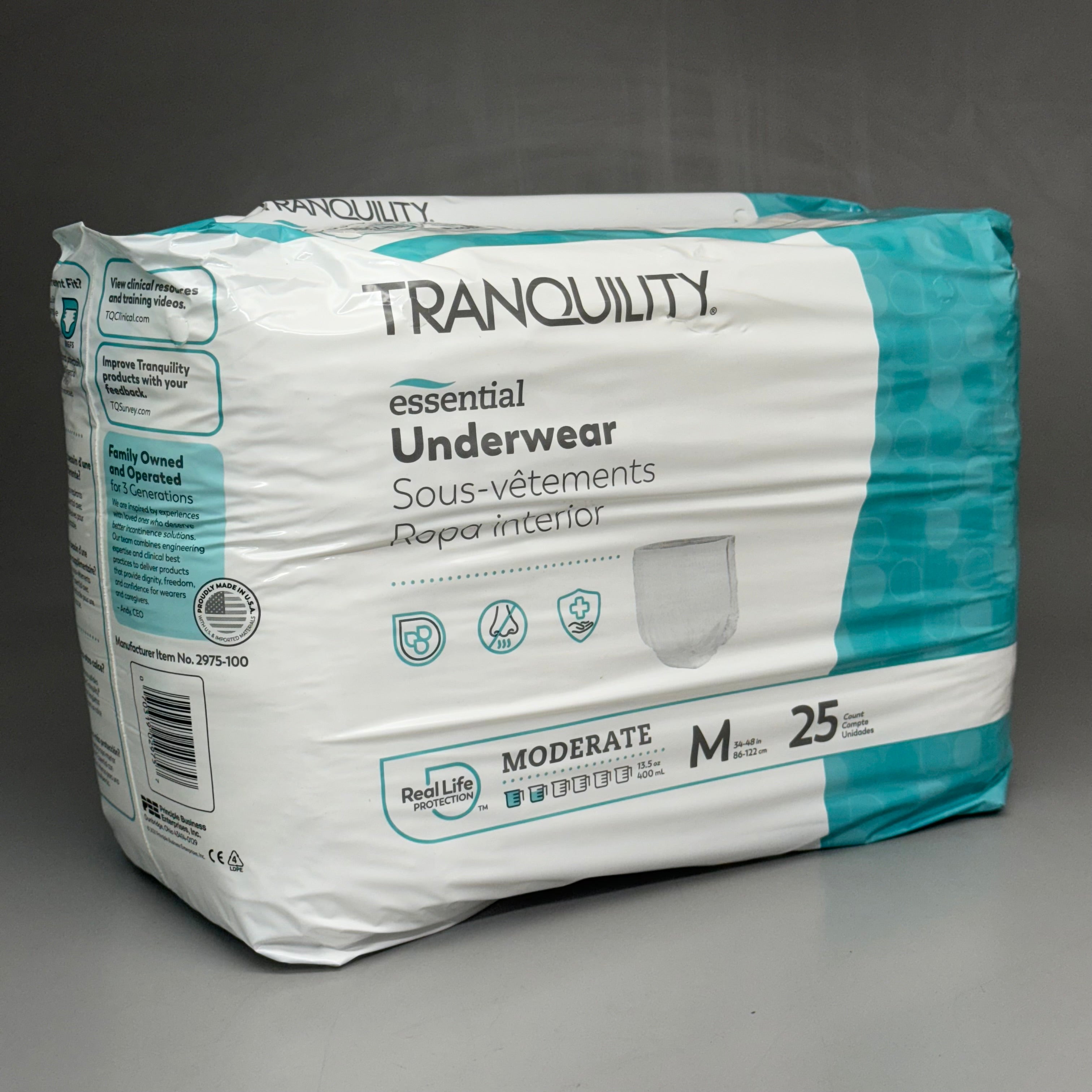 TRANQUILITY 2PK of 25 Essential Underwear - Heavy Medium (34-48in) White