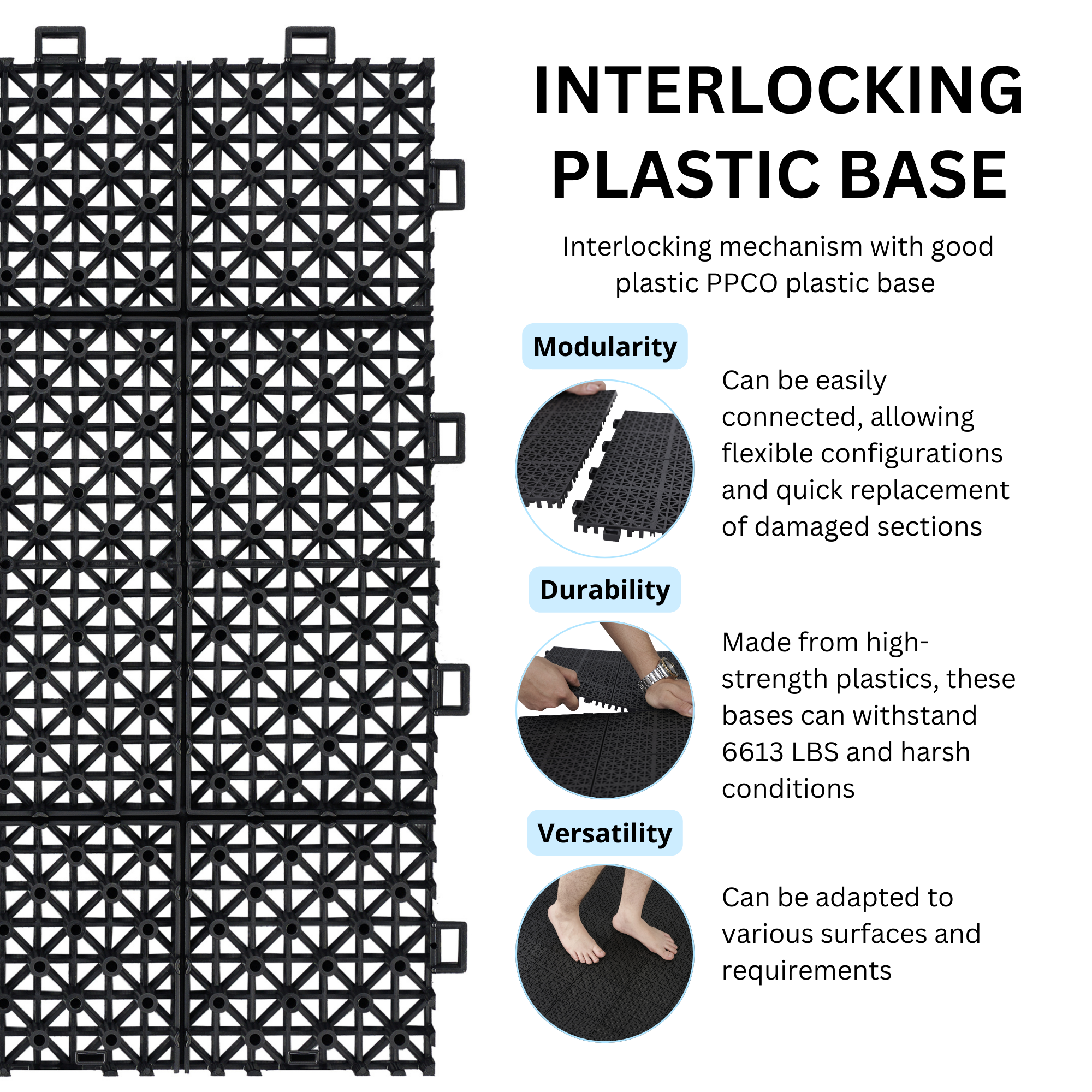 12 x 12 inch black interlocking deck tiles, plastic waterproof, weighing up to 6613 pounds, with a rose pattern pack of 12