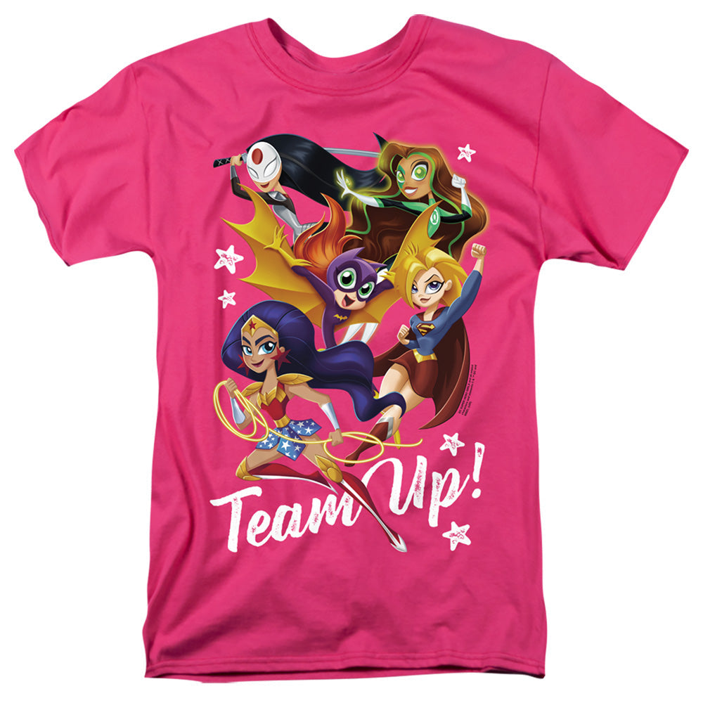 DC Comics Superhero Girls Team Up Mens T Shirt Hot Pink Officially Licensed