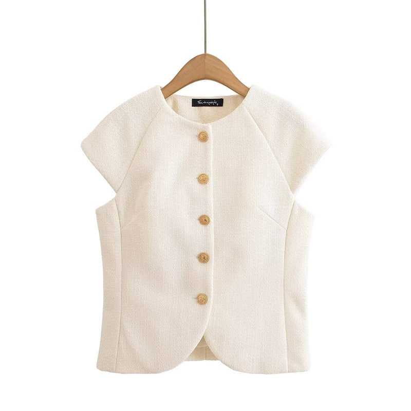 Fashionable Casual Round Neck Versatile Vest with Front Button Closure for Women