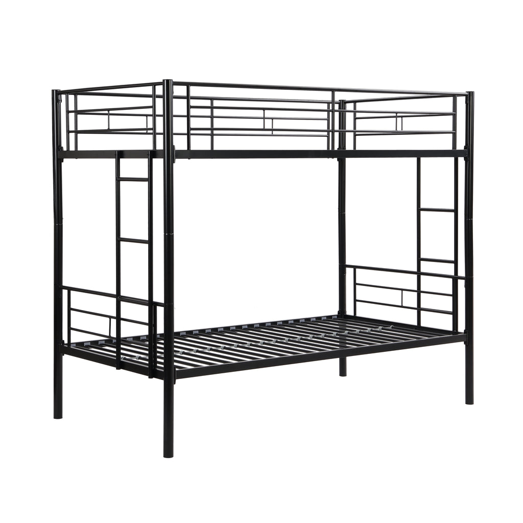 Double decker bed, size above twin bed, with 2 ladders and full-length guardrail, metal, storage space, black