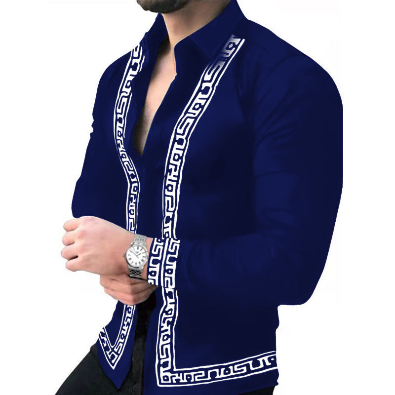 Fashionable printed middle-aged and young men's long sleeved shirt