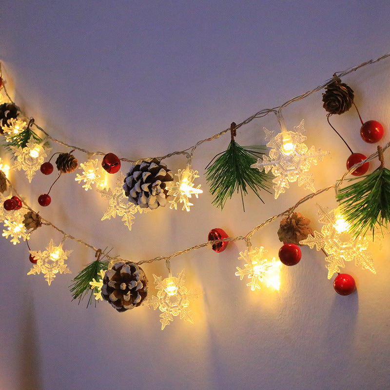 Snowflake Pinecone Christmas Wreath Light String Bell Pine Needle Red Berry Doll Staircase Decorative Light