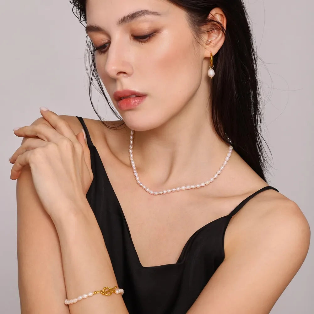 Pearl Necklace, Bracelet and Earrings 4-Piece Jewelry Set