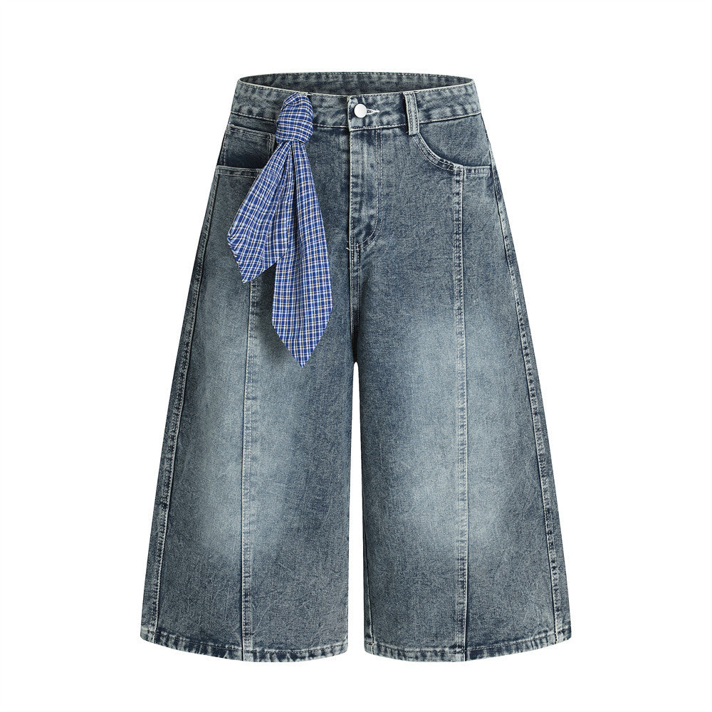 Punk Washed Distressed Denim Shorts Men's Summer Plaid Belted Contrast Pocket Loose Wide-Leg Three-Quarter Pants