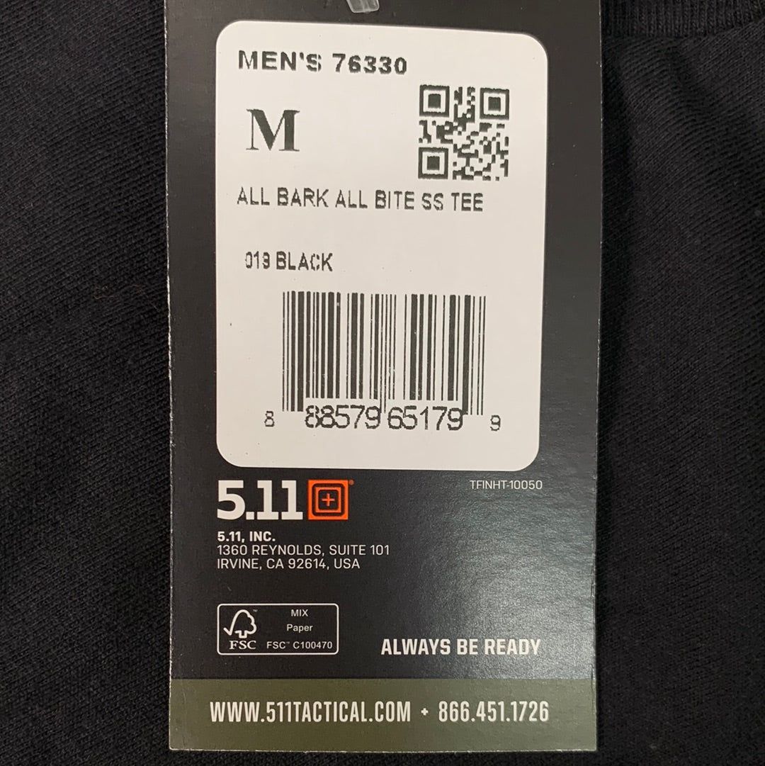 5.11 TACTICAL All Bark All Bite T-Shirt 100% Cotton 019 Black Sz M #76330