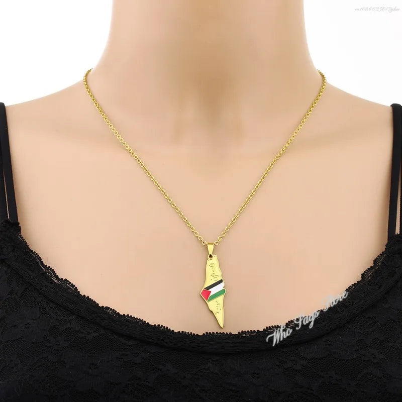 Stainless steel Palestine map necklace for men and women