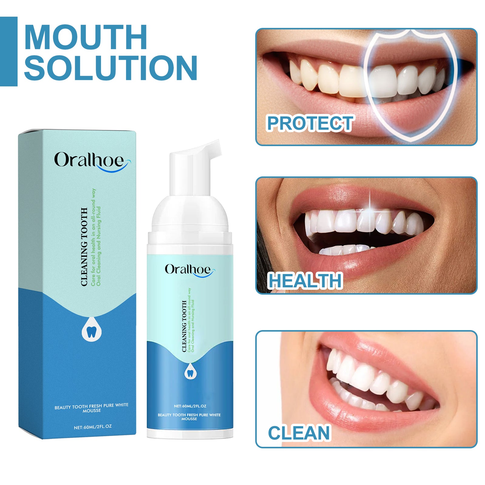 Beauty Tooth Fresh Pure White Mousse, Clean Bad Breath Stains White Teeth Care Gums Care Toothpaste