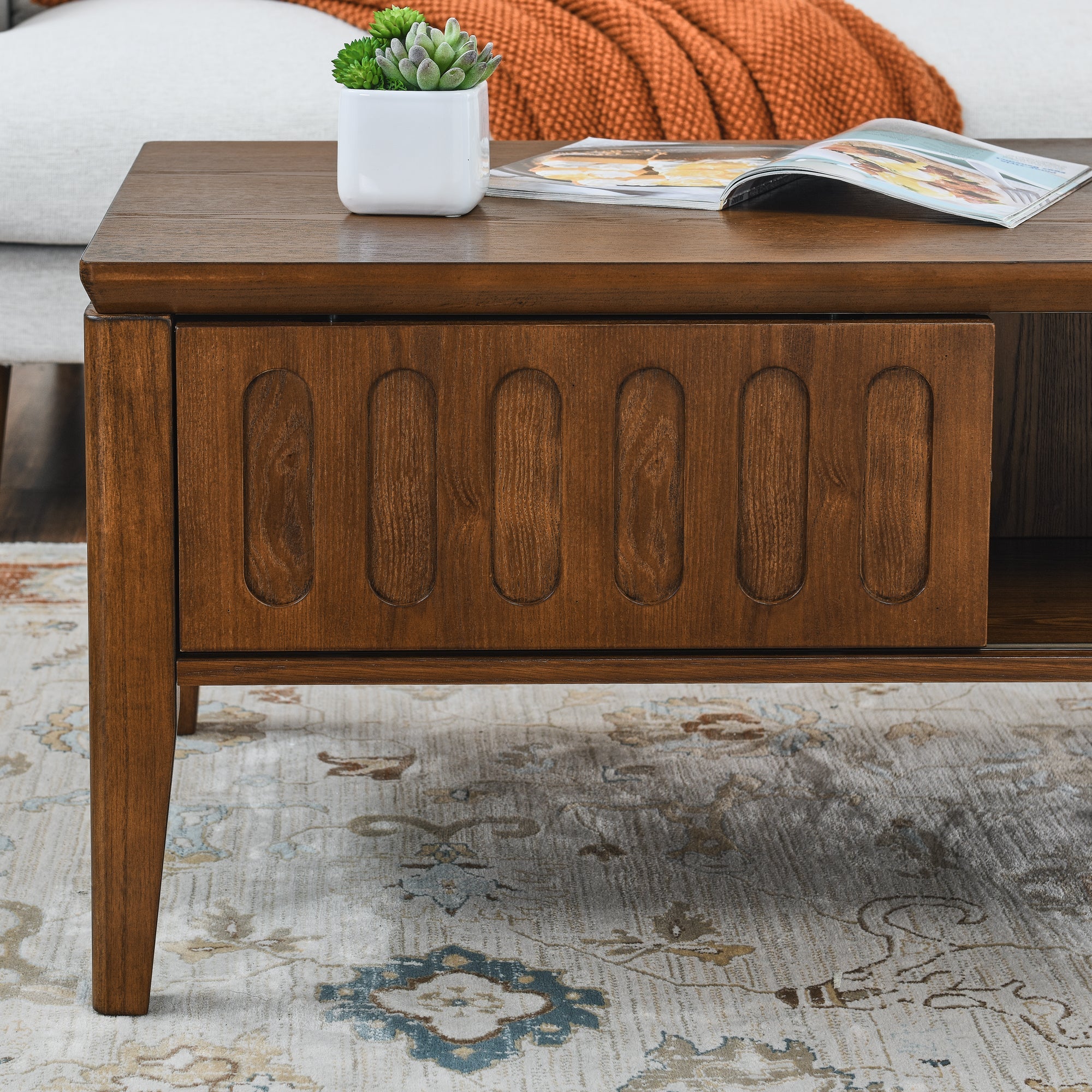 Medieval modern flute coffee table with storage sliding door and solid wood legs, vintage farmhouse wood central table