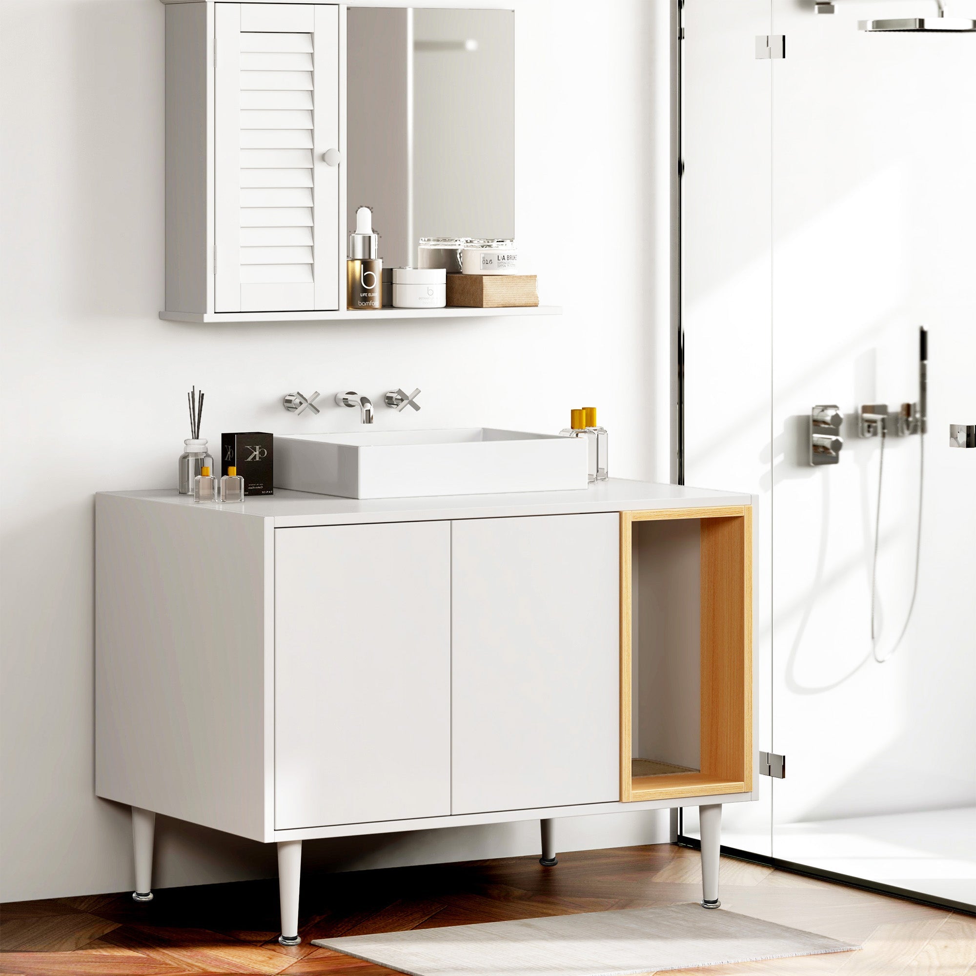 Bathroom sink cabinet, with cat trash can shell, hidden garbage pet bathroom, with partition, wooden cabinet furniture, white