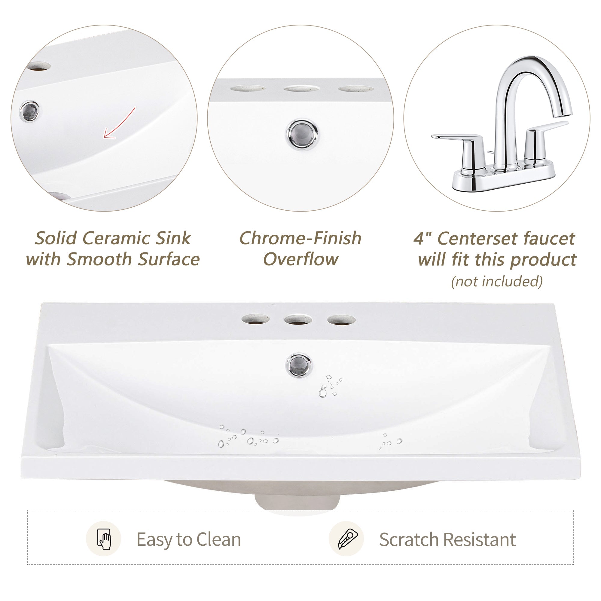 24" White Modern Sleek Bathroom Vanity Elegant Ceramic Sink with Solid Wood Frame Open Style Shelf