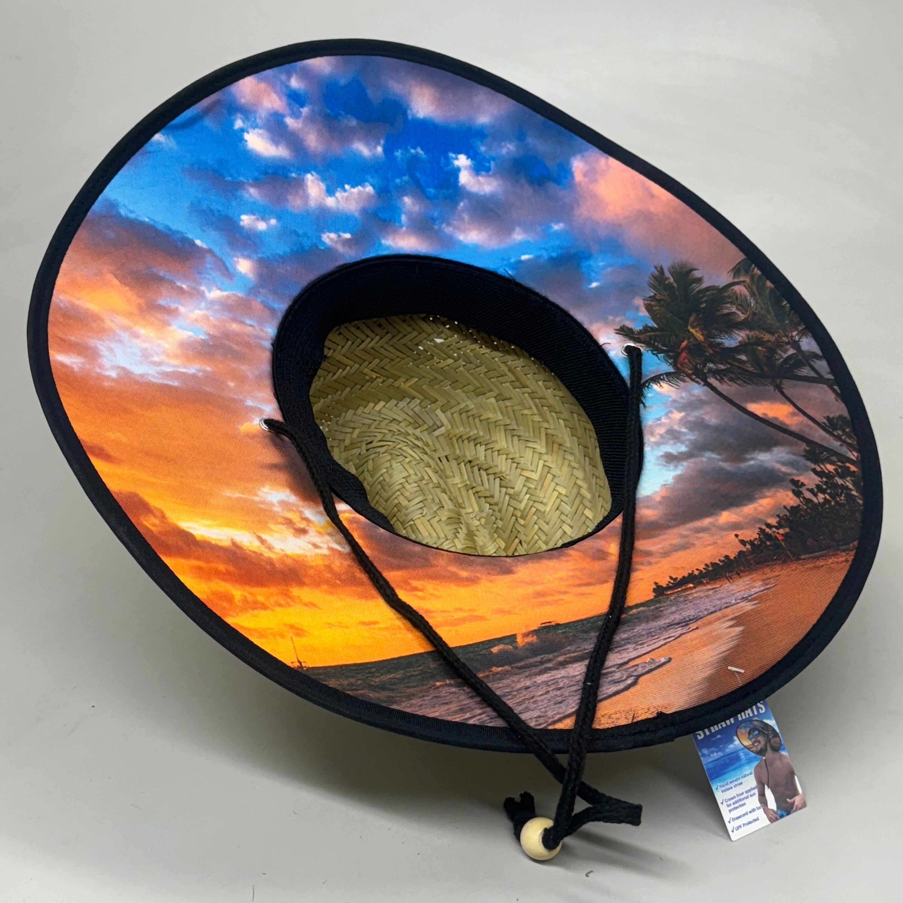 FUN FACTORY Hand Woven Straw Hat w/ Palm Tree Patch & Beach Image FF13956