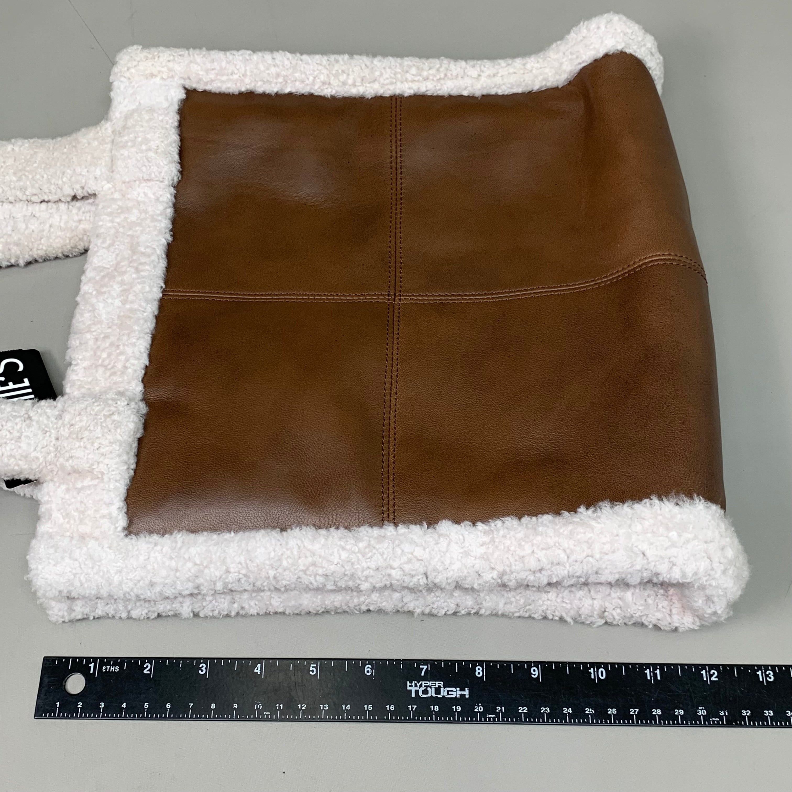 MITCHIES Leather Tote Bag Shearling Trim Button Close & Pockets Brown PRMK07