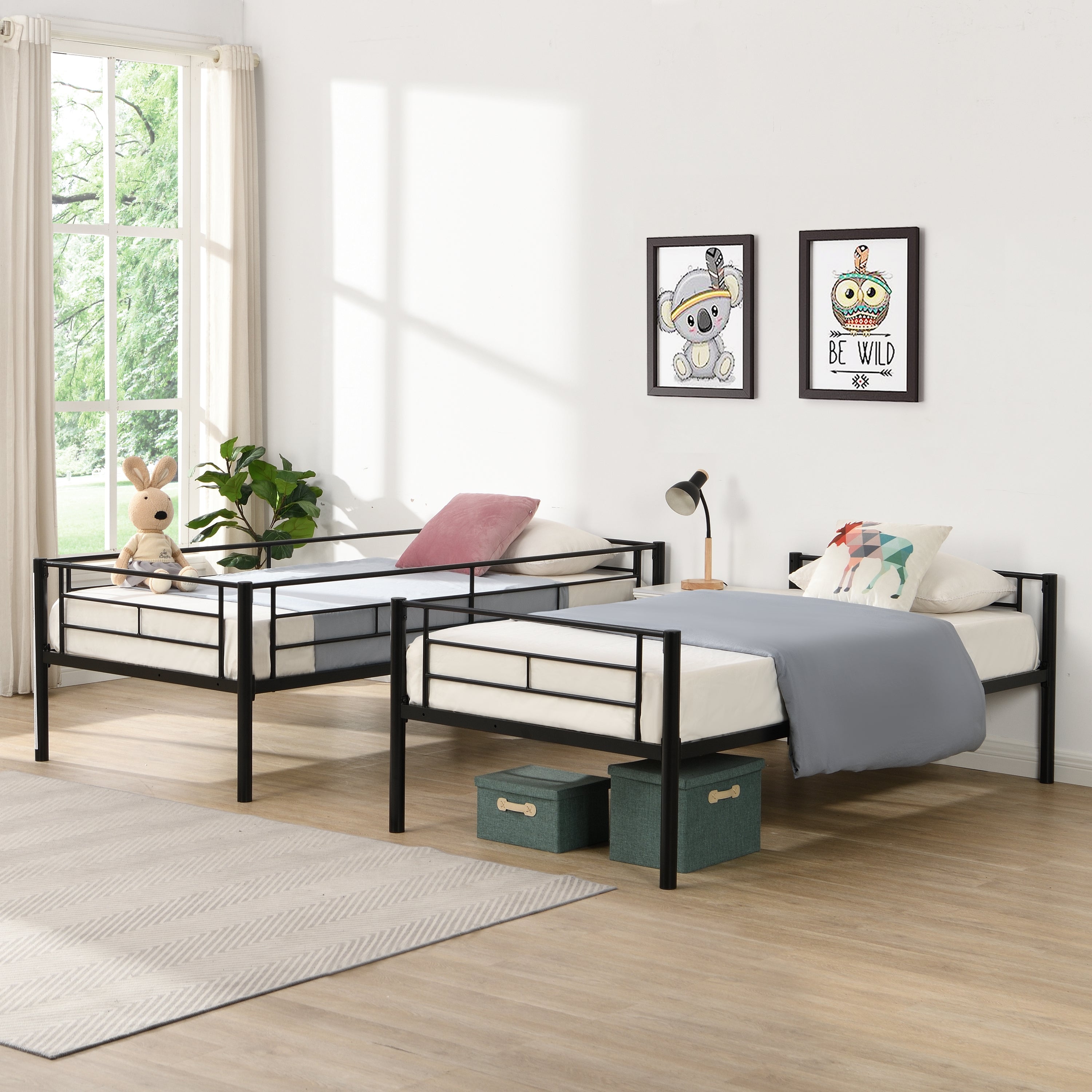 Double decker bed, size above twin bed, with 2 ladders and full-length guardrail, metal, storage space, black