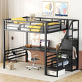 Full Size Metal Loft Bed with Desk, Storage Staircase and Small Wardrobe, Storage stairs can be installed left and right,Black