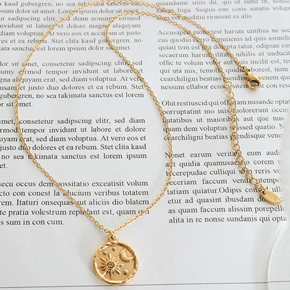Zircon Star Moon Romantic Necklace Titanium Steel Gold Plated Round Pendant Neck Chain