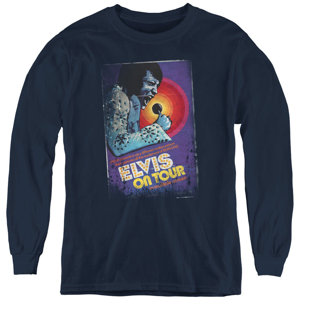 Elvis Presley on Tour Poster Long Sleeve Kids Youth T Shirt Navy Blue Officially Licensed