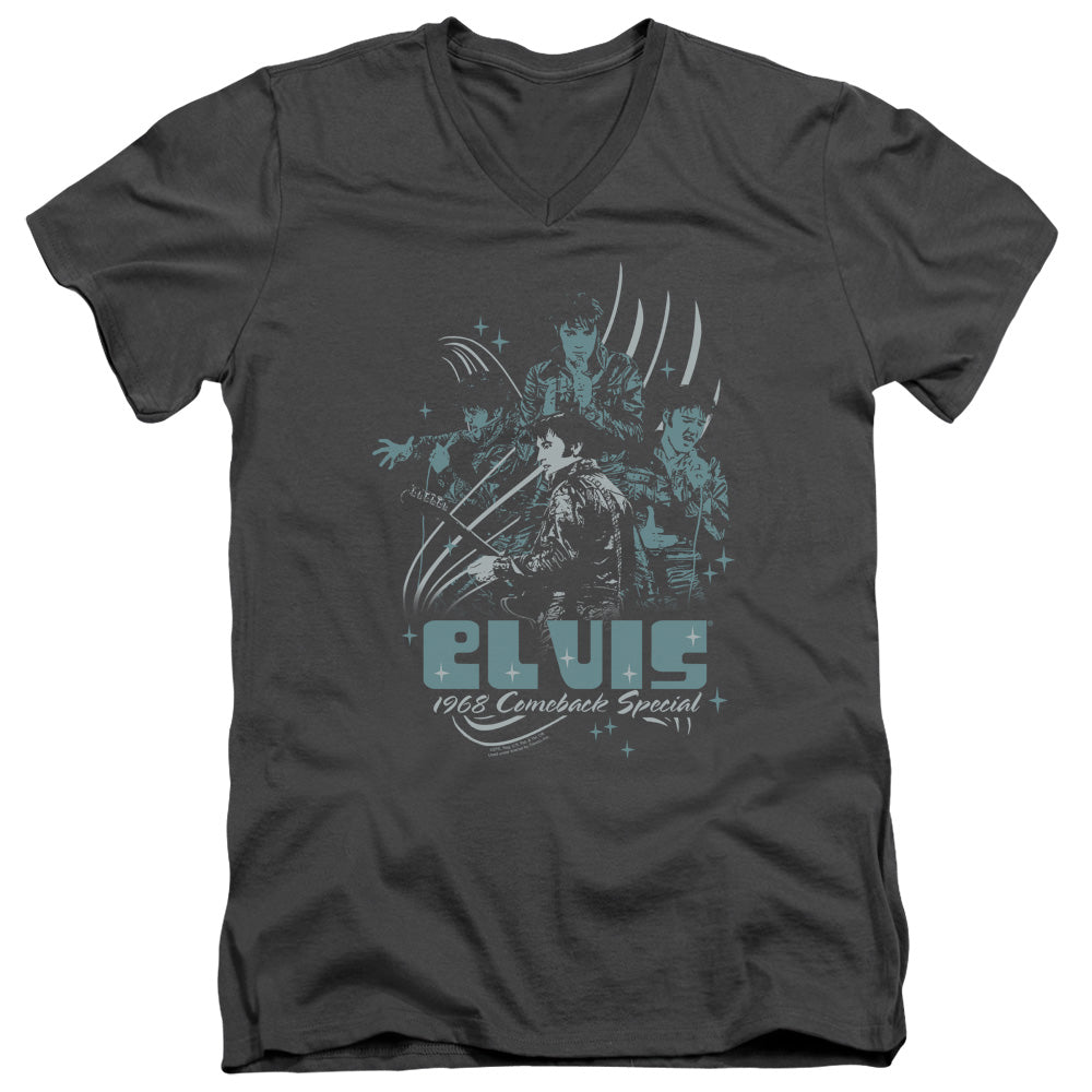 Elvis Presley 68 Leather Mens Slim Fit V-Neck T Shirt Charcoal Officially Licensed