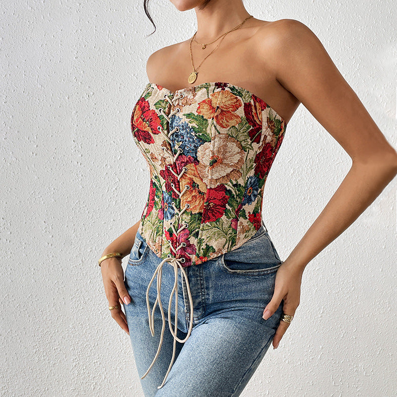 Retro strapless floral print slim fit new lace up chest hugging niche vest