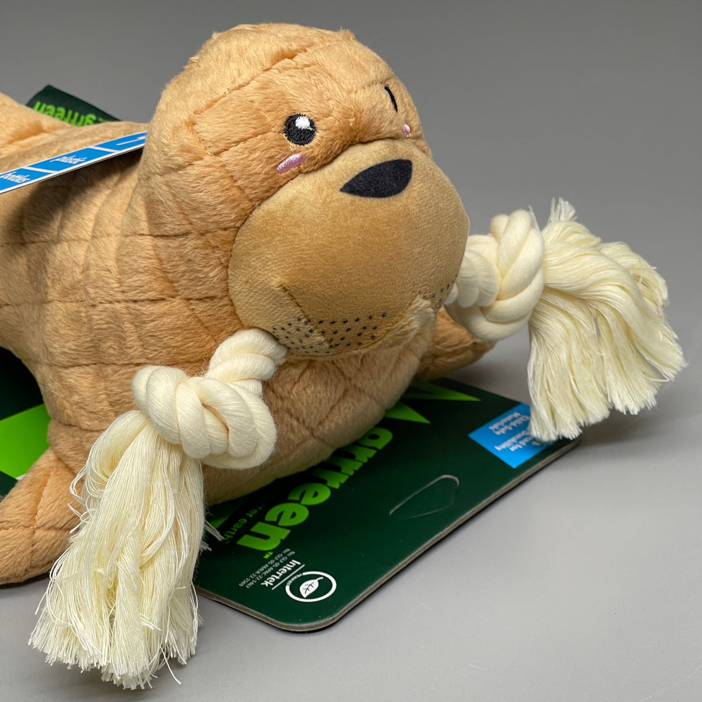 GRRREEN Stuffed Walrus Animal Dog Toy for Chewers & Teeth Cleaning Brown