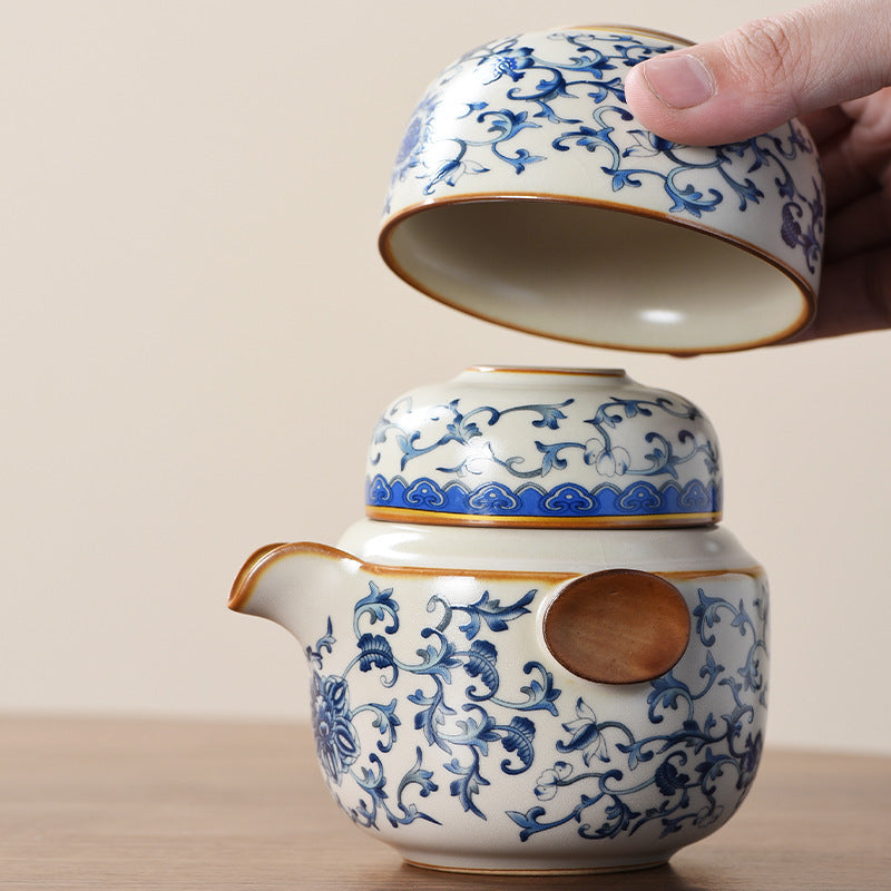 Blue and white beige Ru kiln travel tea set one pot three cups outdoor portable entwined lotus ceramic retro teapot