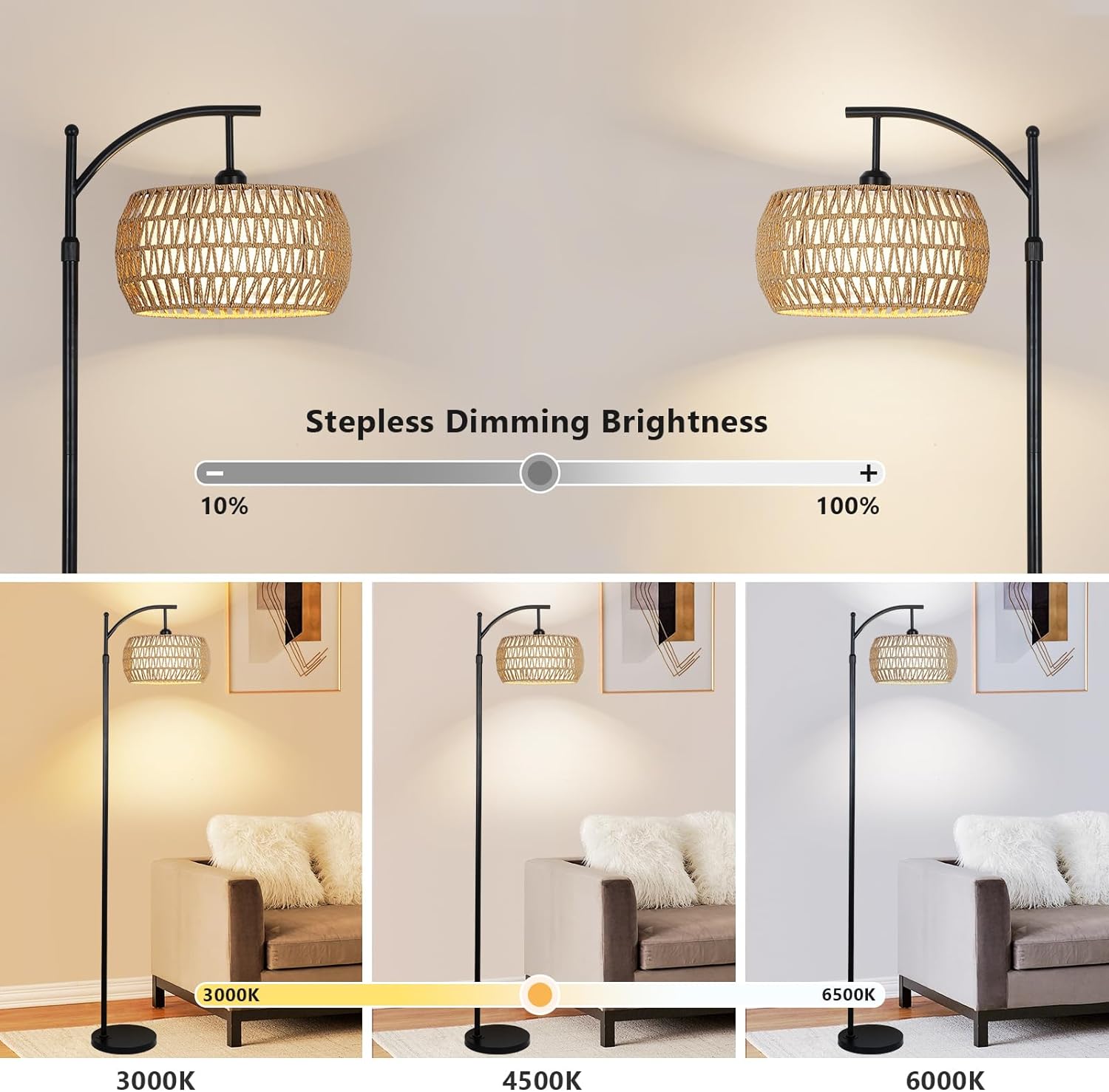 Arc Floor Lamp with Remote Control, Dimmable LED Floor Lamp with 3 Color Temperature Boho Farmhouse Tall Pole Lamp