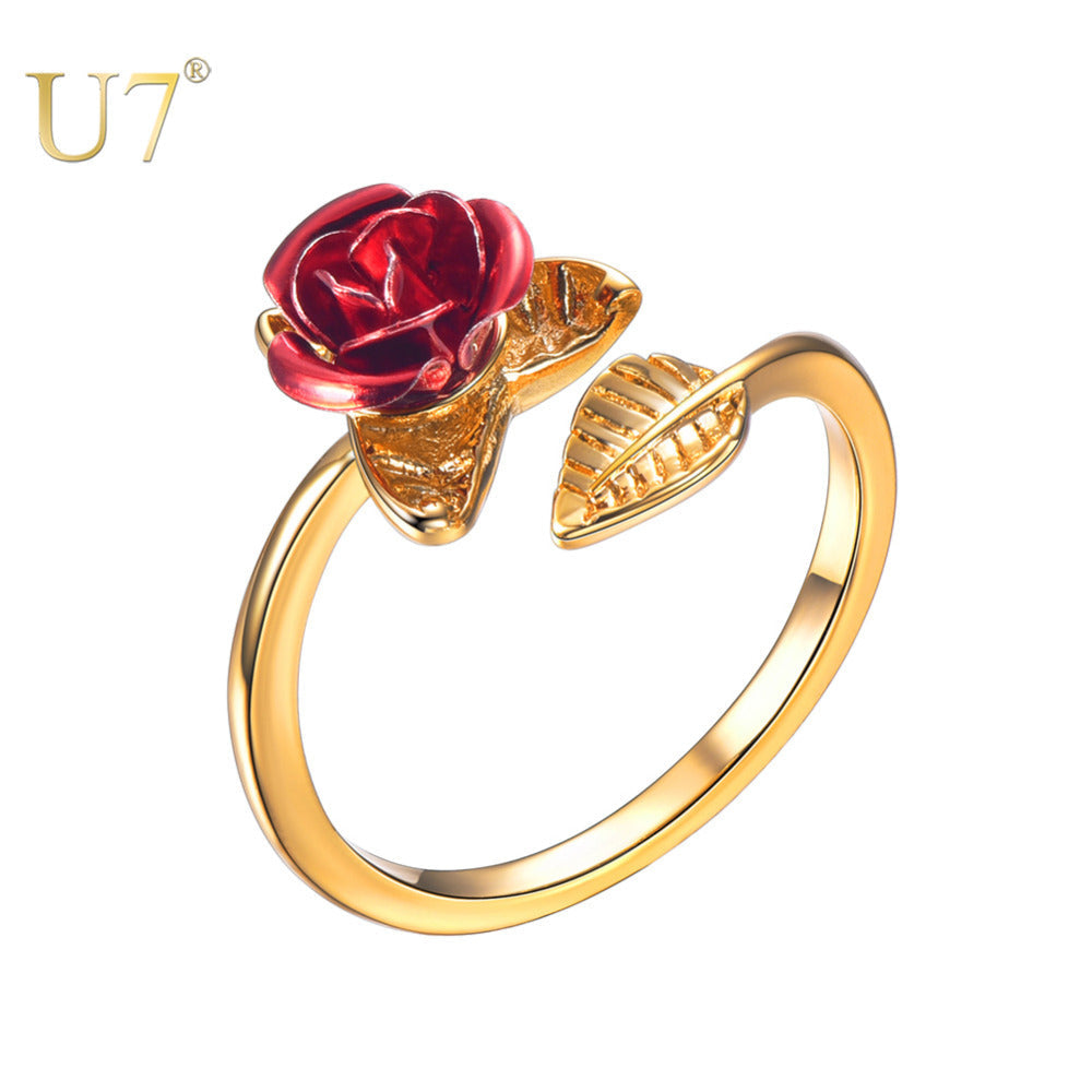 U7 Red Rose Garden Flower Leaves Resizable Finger Rings for Women Valentine's Day Gift Jewelry Hot Sale Open Ring R1019