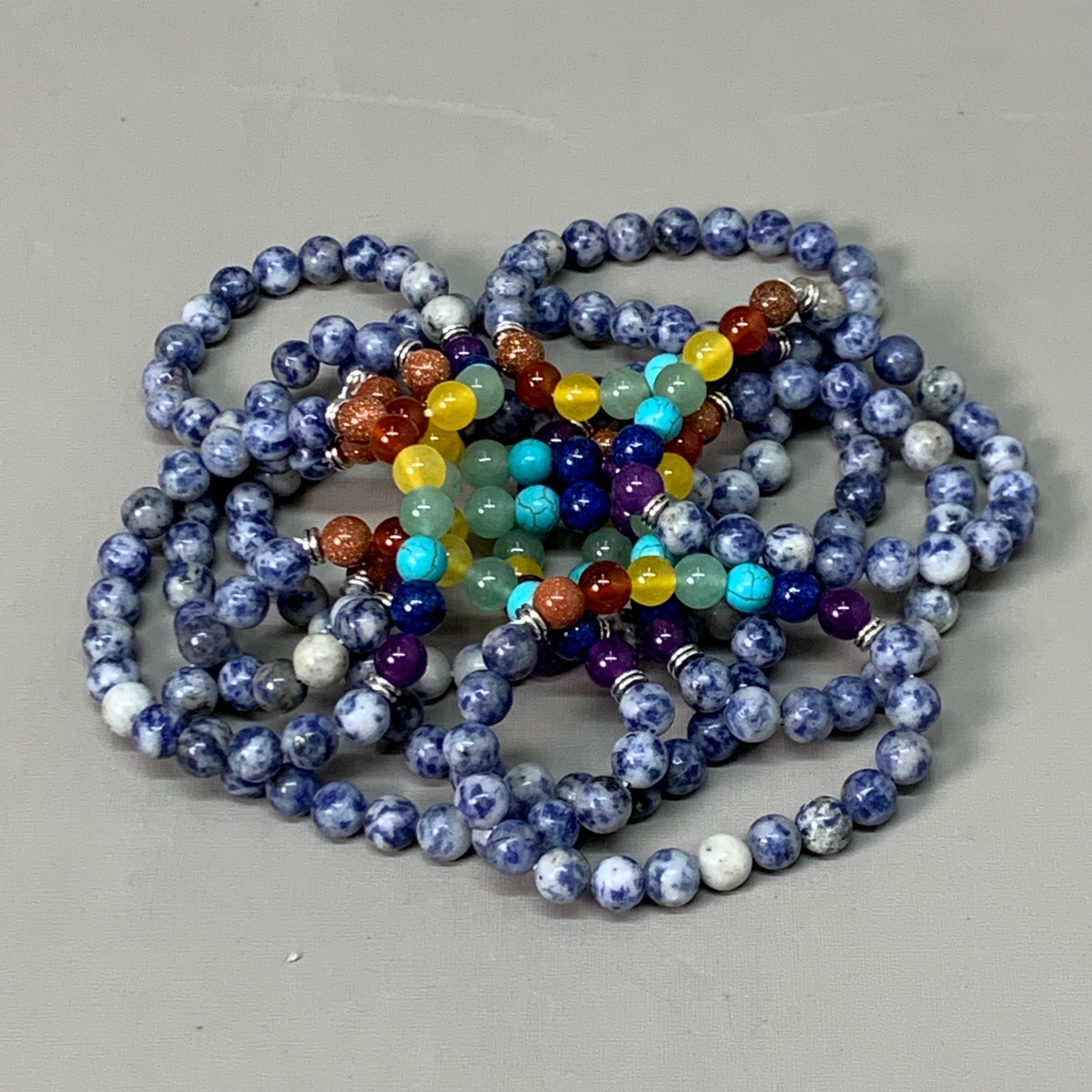 BEST WHOLESALE 12-PACK! Blue Marbled Rainbow Beaded Crystal Bracelets 3" New