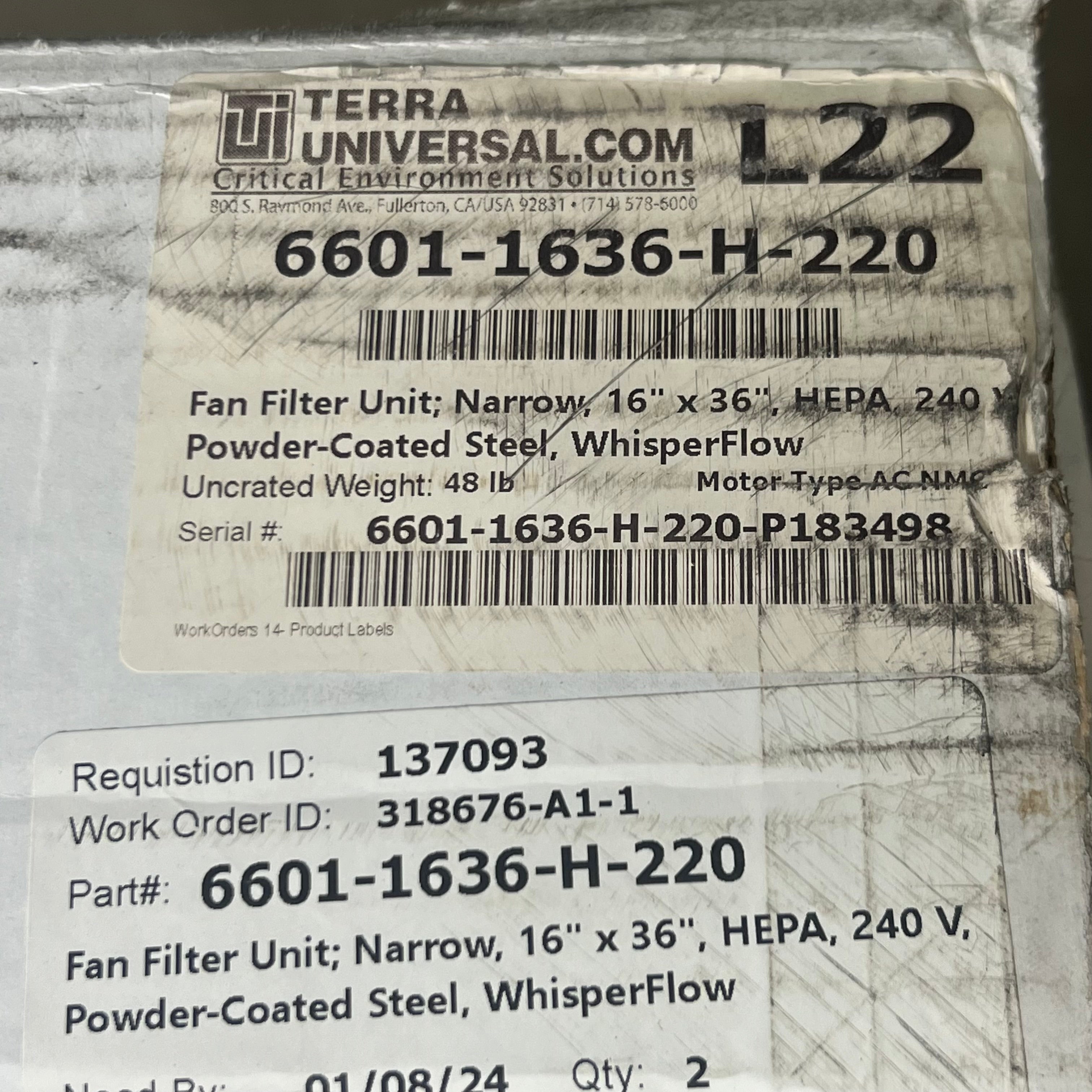 TERRA UNIVERSAL Whisper Flow Filtration System HEPA 240V 16"x36" White 6601-1636-H-220-P183498-3